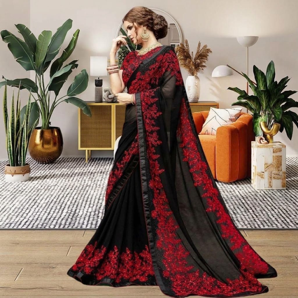 সফট ওয়েটলেস এমব্রয়ডারি করা জর্জেট শাড়ি