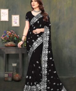 ইন্ডিয়ান ওয়েটলেস হোয়াইট গোল্ড জর্জেট এমব্রয়ডারি করা শাড়ি