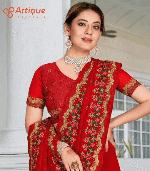 এক্সক্লুসিভ ইন্ডিয়ান ওয়েটলেস জর্জেট এমব্রয়ডারি করা শাড়ি - Image 2