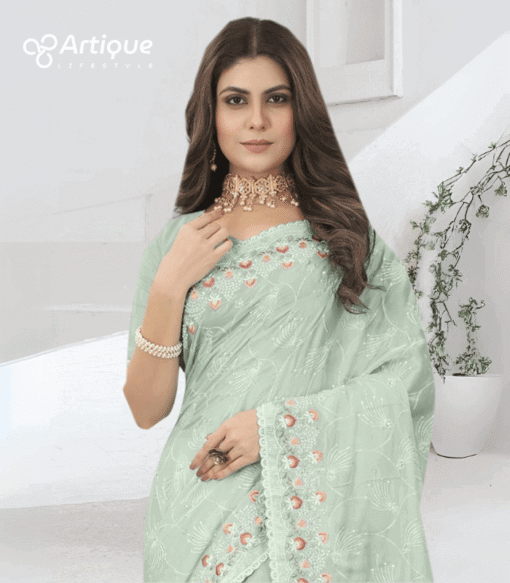 এক্সক্লুসিভ ইন্ডিয়ান ভিসকোস এমব্রয়ডারি করা পার্টি শাড়ি - Image 2