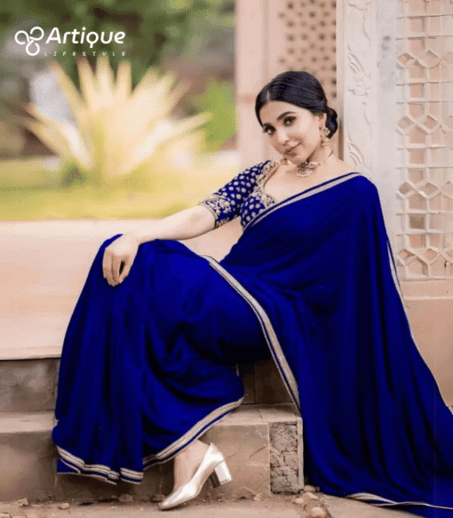 ট্রেডিশনাল লেইস ওয়ার্ক জর্জেট পার্টি শাড়ি - Image 4