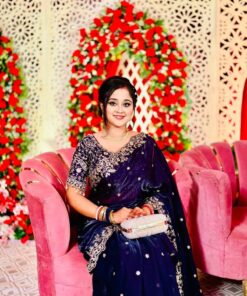 অরিজিনাল ইন্ডিয়ান জিমিচু সিল্ক পার্টি শাড়ি _রেডি ব্লাউজ সহ ব্লু কালার