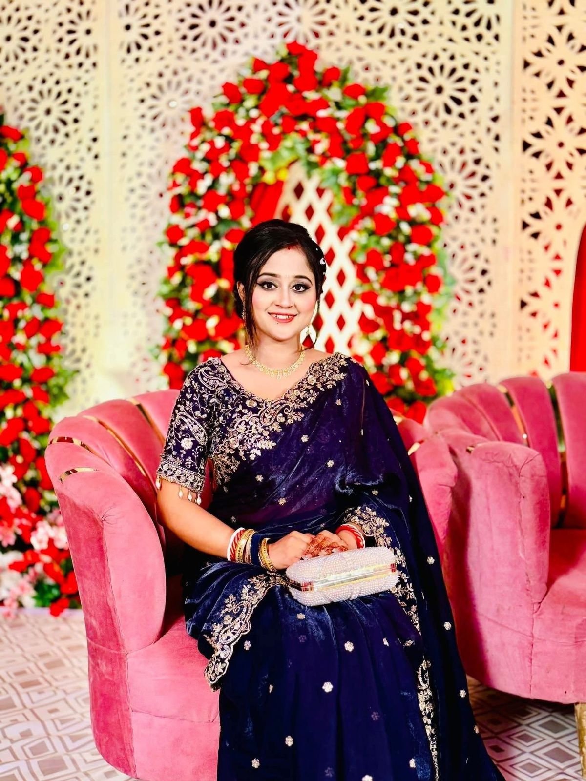 অরিজিনাল ইন্ডিয়ান জিমিচু সিল্ক পার্টি শাড়ি _রেডি ব্লাউজ সহ ব্লু কালার