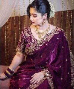 অরিজিনাল ইন্ডিয়ান জিমিচু সিল্ক পার্টি শাড়ি _রেডি ব্লাউজ সহ পার্পেল কালার