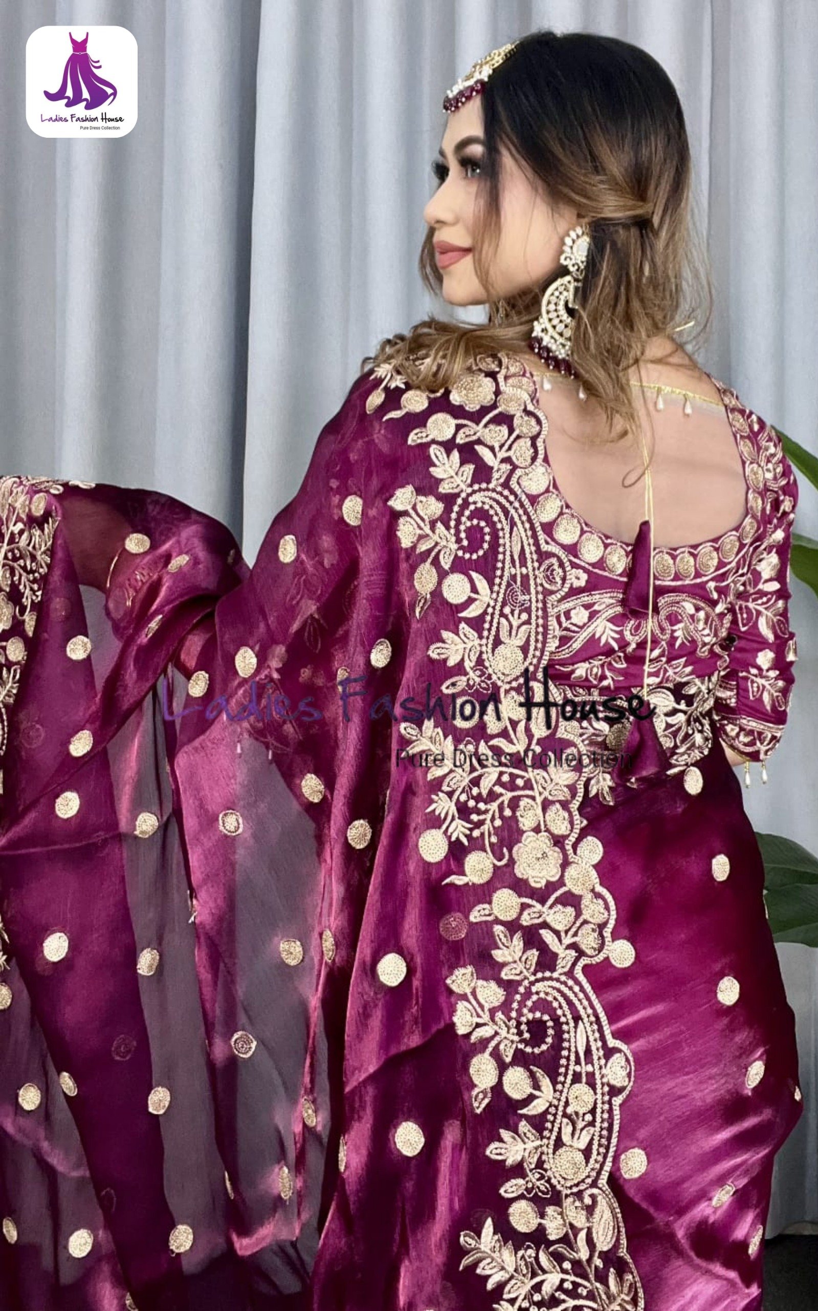 অরিজিনাল ইন্ডিয়ান জিমিচু সিল্ক পার্টি শাড়ি _রেডি ব্লাউজ সহ পার্পেল কালার - Image 3